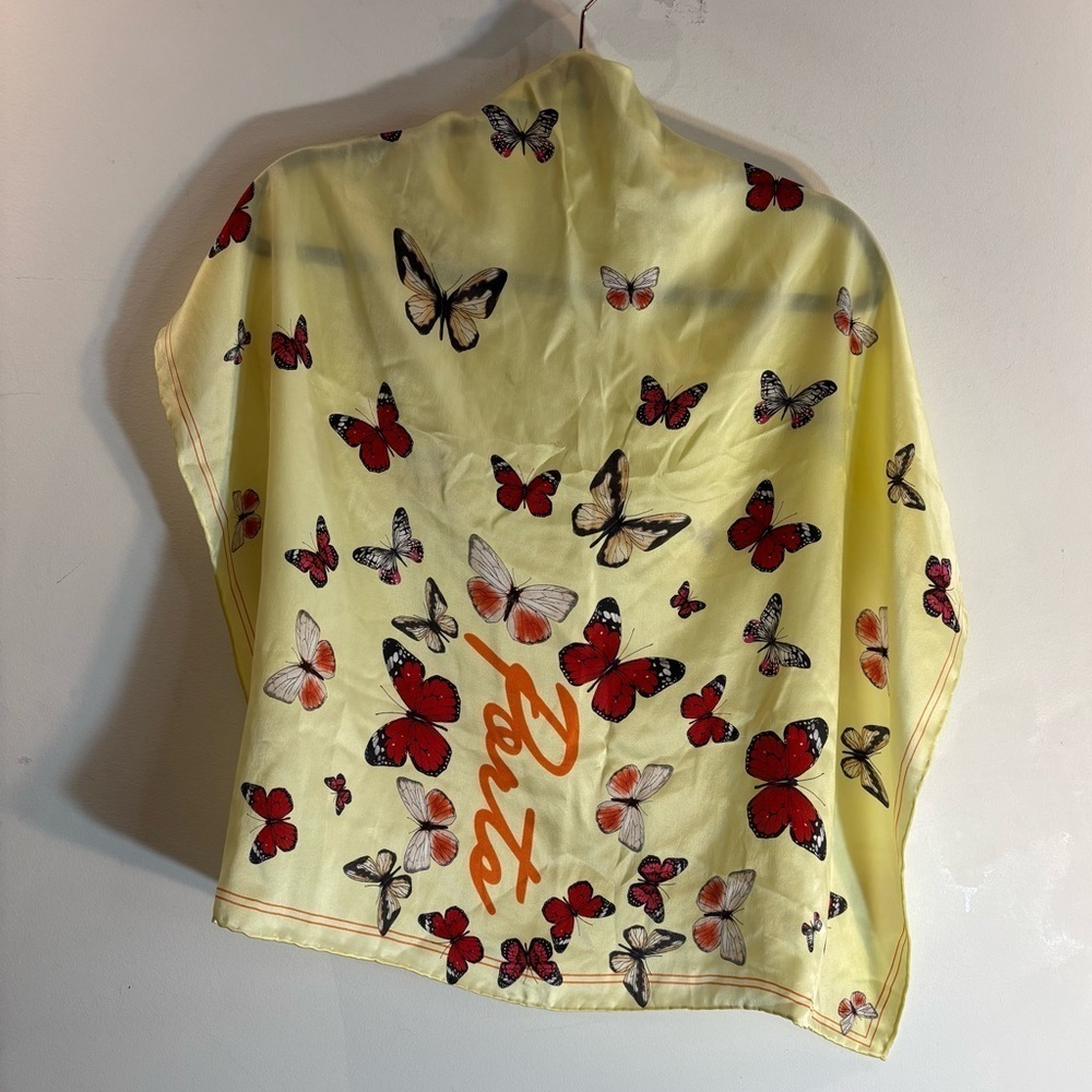 PORTS 100% Silk Buttery Yellow Colourful Butterfly Print Square Scarf 28” x 28”